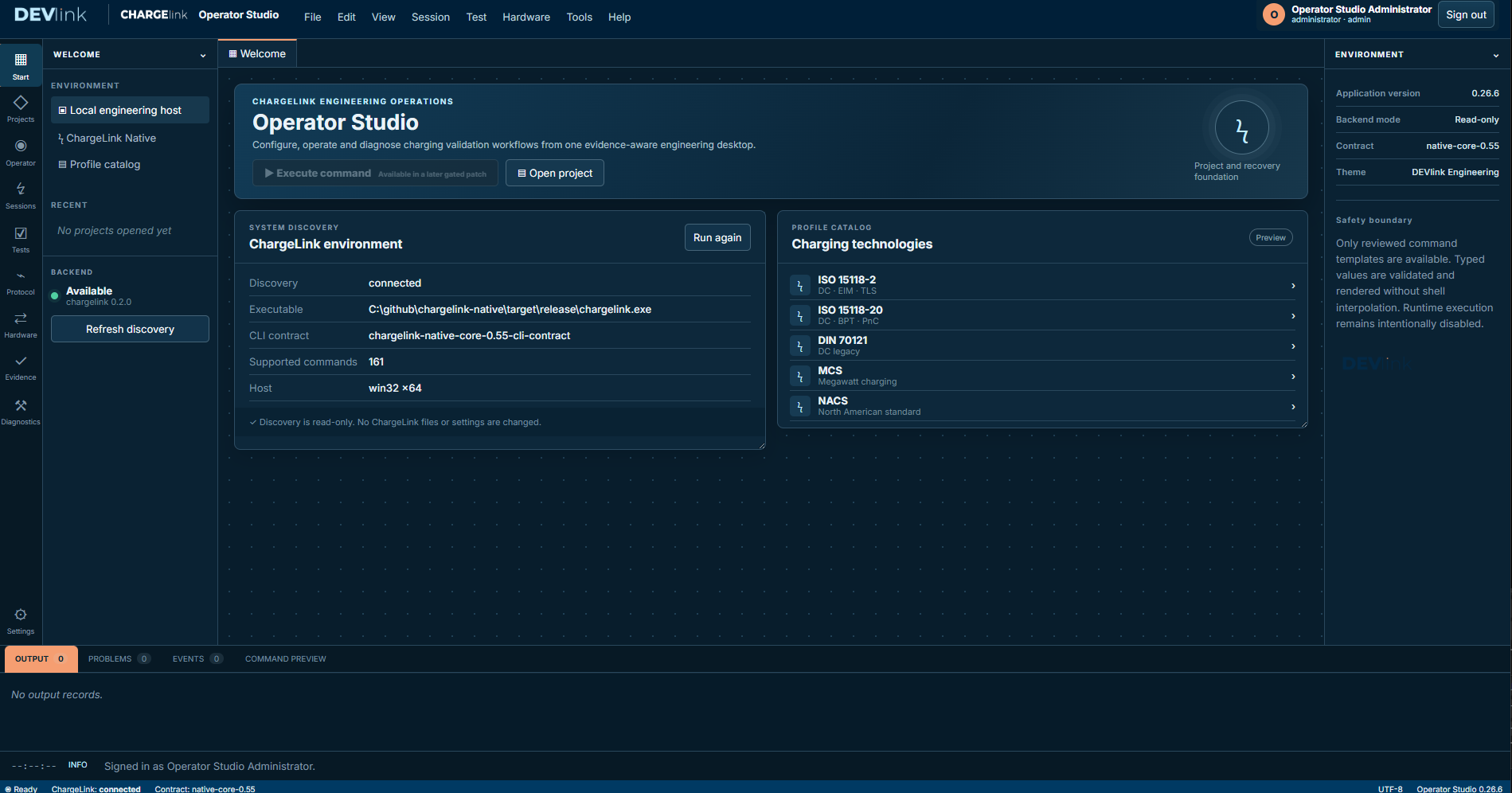 ChargeLink Operator Studio showing the engineering environment and charging technology profiles