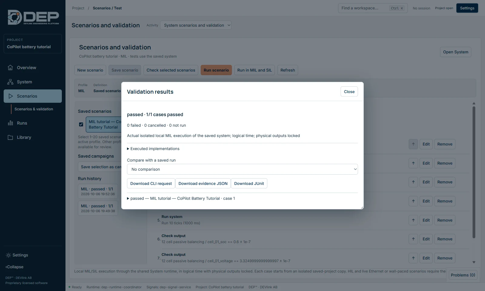 DEP Scenarios and validation view showing a passed MIL scenario with evidence downloads as CLI request, JSON and JUnit