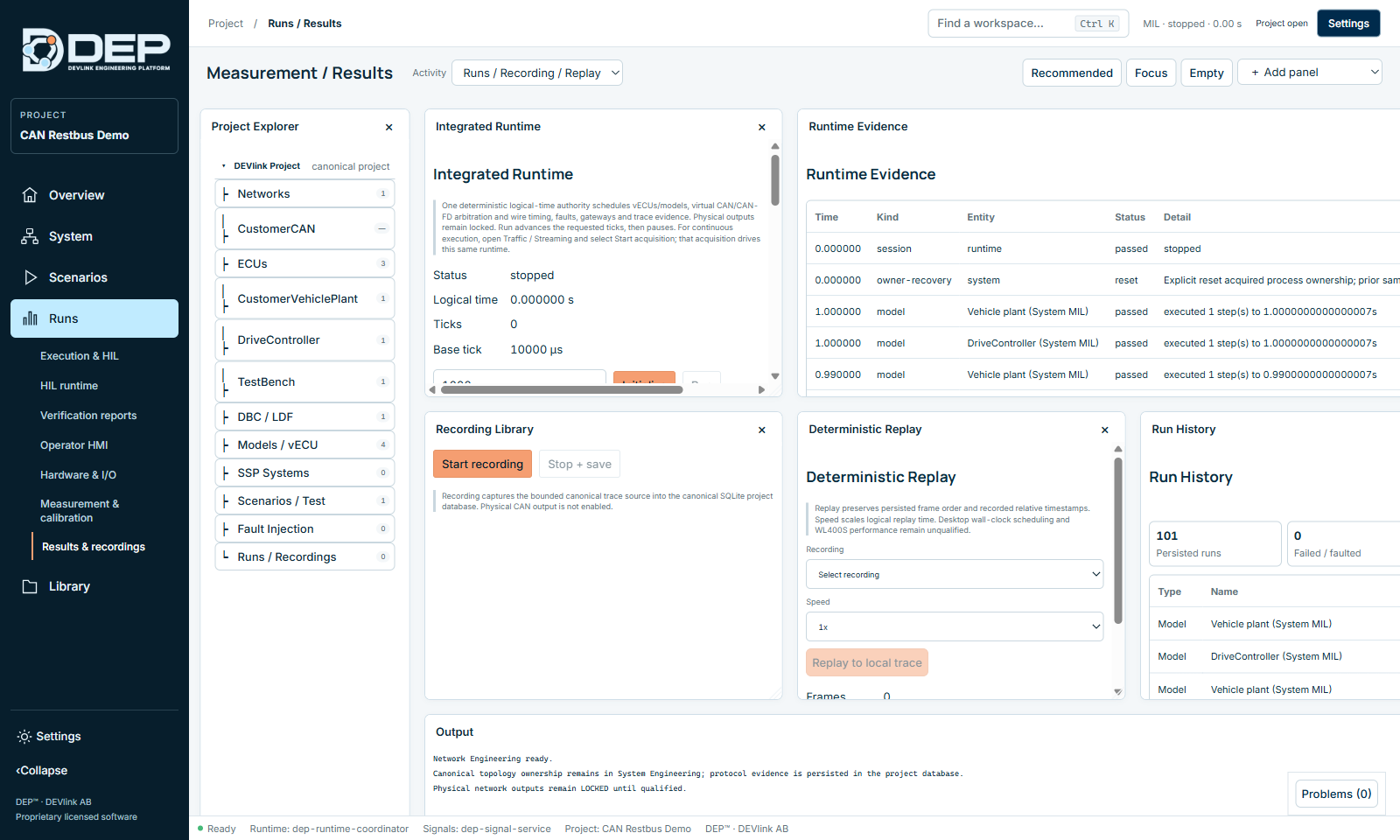 Configure transmission opens the integrated runtime in Runs → Results & recordings. Its Project Explorer lists networks, ECUs, databases, models, scenarios, faults and recordings.