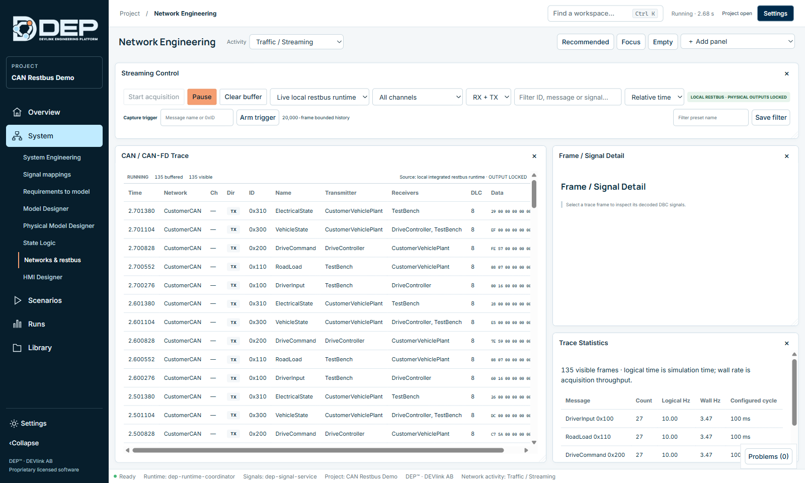 Traffic / Streaming during acquisition: the trace table, frame detail and trace statistics.
