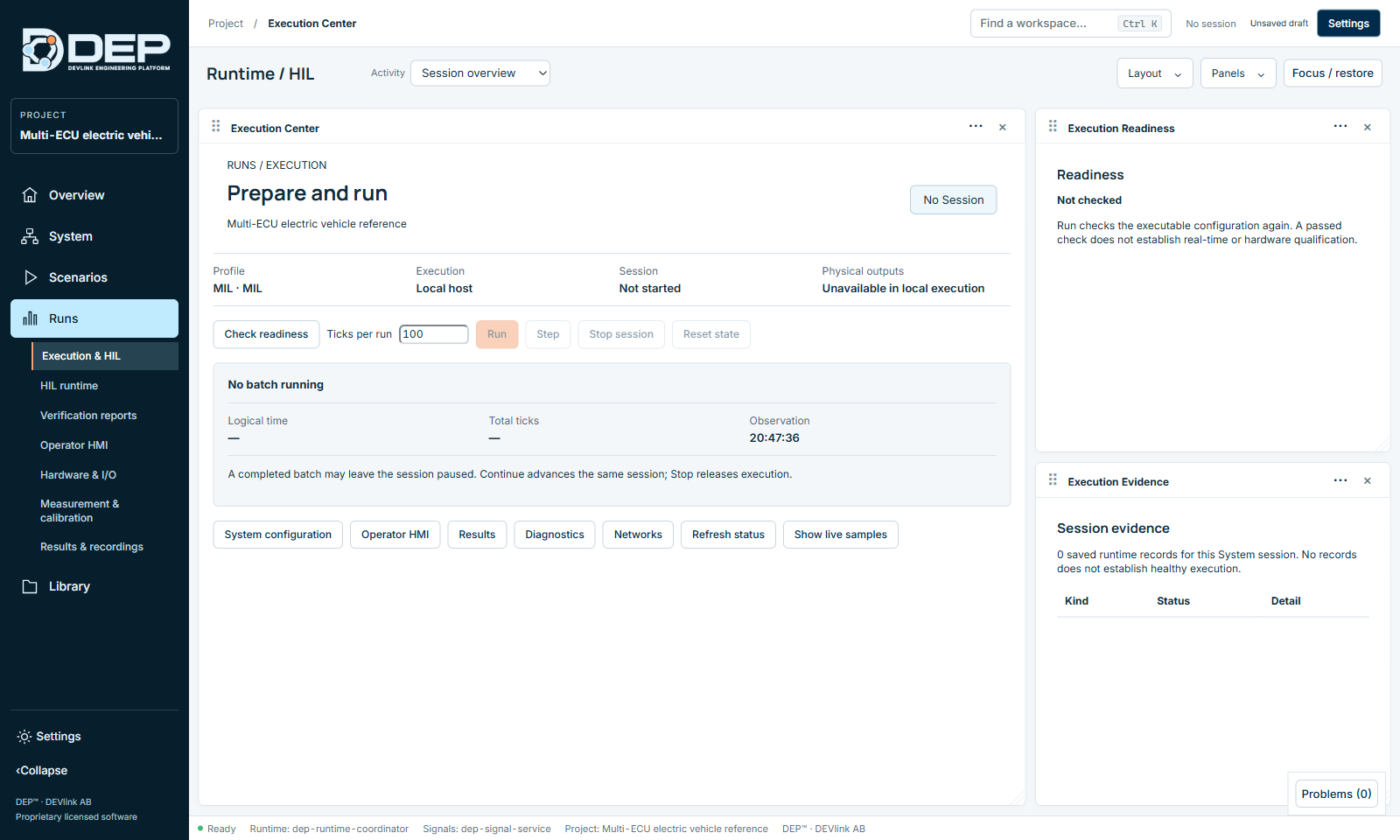 Execution Center: profile, execution host, session state, physical outputs, run controls, progress and the readiness and evidence panels.