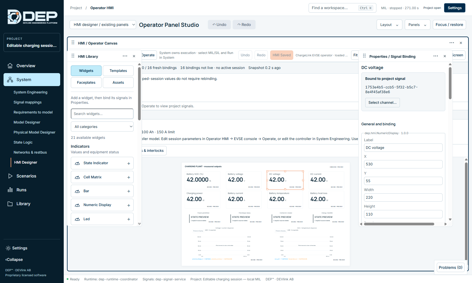 A widget selected: binding, range, alarm rules and state rules.