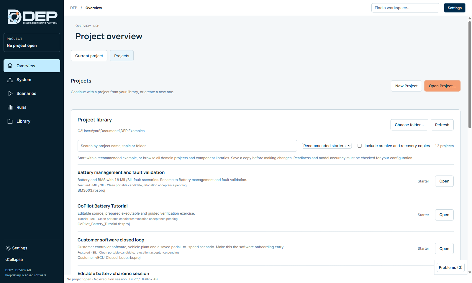 Overview → Projects. The folder path is shown under “Project library”.